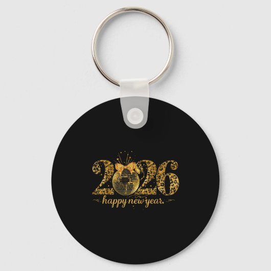 Happy New Year Cute Gold Disco Ball Bow New Year's Schlüsselanhänger (Vorderseite)