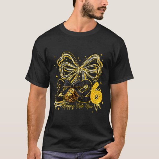 Happy New Year Cute Gold Disco Ball Bow New Year's T-Shirt (Vorderseite)
