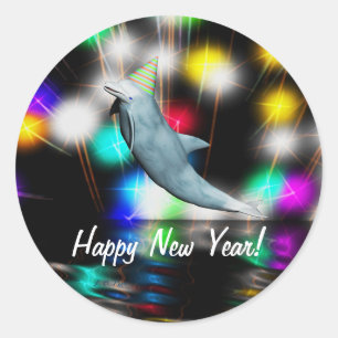 Happy New Year Dolphin and Fireworks Runder Aufkleber