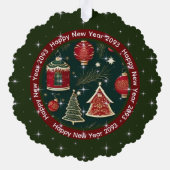 Happy New Year: Dunkler Roter Wald Grün Personalis Ornament Karte (Rückseite)