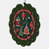 Happy New Year: Dunkler Roter Wald Grün Personalis Ornament Karte (Links)