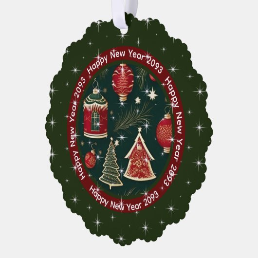 Happy New Year: Dunkler Roter Wald Grün Personalis Ornament Karte (Links)