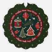 Happy New Year: Dunkler Roter Wald Grün Personalis Ornament Karte (Vorderseite)