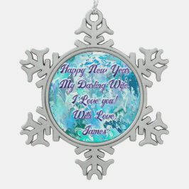 Happy New Year Ehefrau Aquamarin Blue Abstrakt Schneeflocken Zinn-Ornament