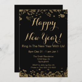 Happy New Year Elegante Black and Gold Confetti Einladung