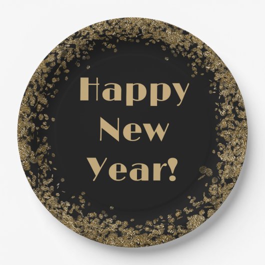 Happy New Year Elegante Gold Glitzer und Black Pappteller (Vorderseite)