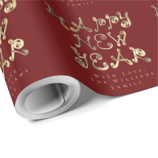 Happy New Year Elegante Gold Script Red Geschenkpapier (Rolleneckpunkt)