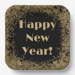 Happy New Year Elegante Gold und Black Glitzer Pappteller