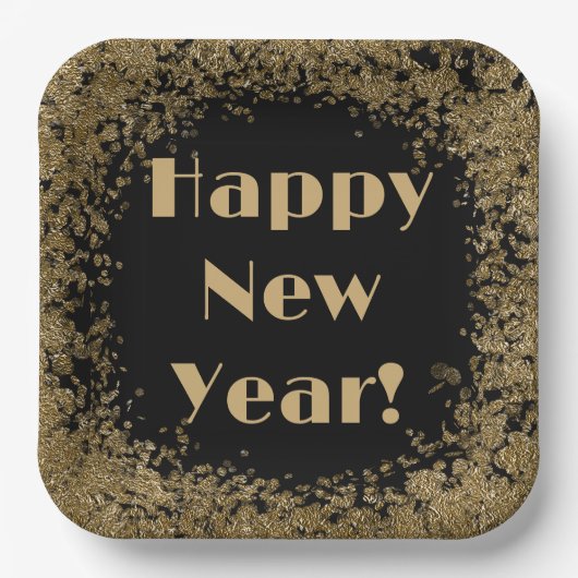 Happy New Year Elegante Gold und Black Glitzer Pappteller (Vorderseite)
