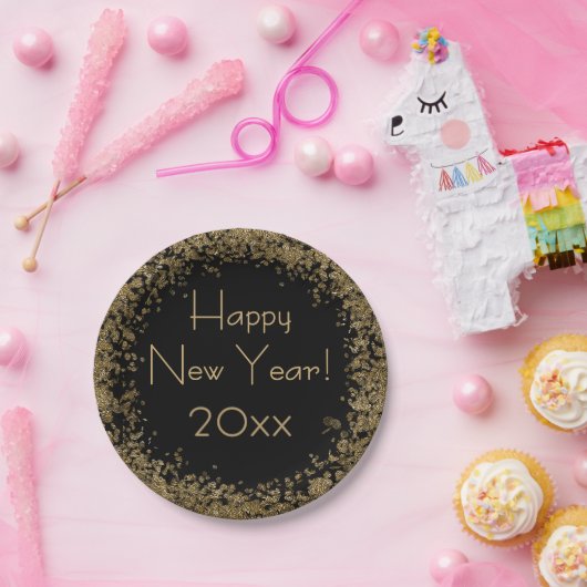 Happy New Year Elegante Gold und Black Pappteller (Party)
