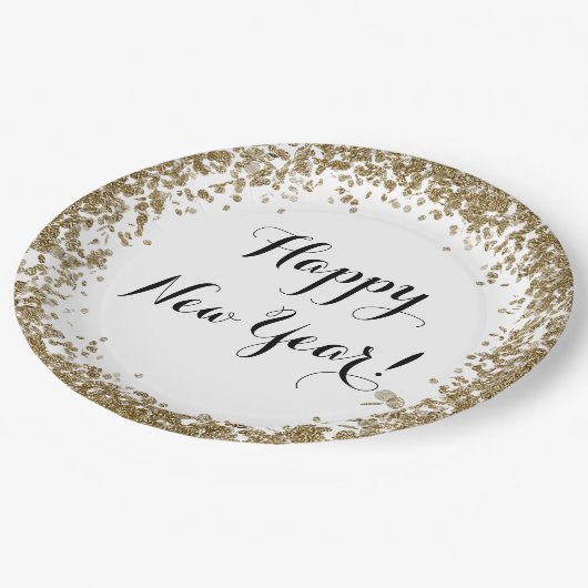 Happy New Year Elegante Gold und Weiß Pappteller (Schrägansicht)