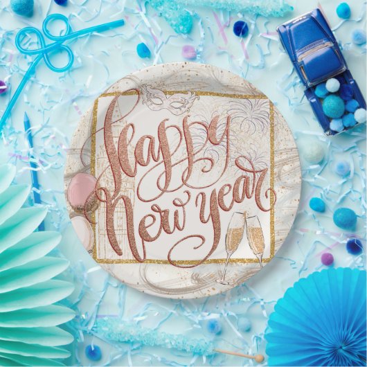 Happy New Year Elegante Rose Gold Script Pappteller (Party)