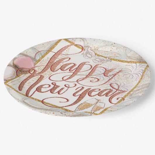 Happy New Year Elegante Rose Gold Script Pappteller (Schrägansicht)