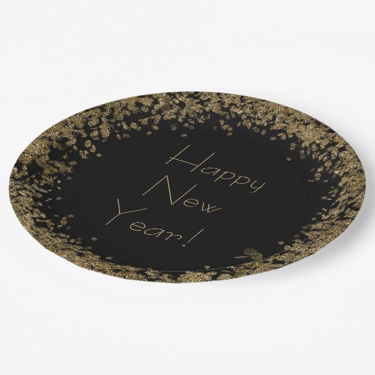 Happy New Year Eleganter Black and Gold Glitzer Pappteller (Schrägansicht)