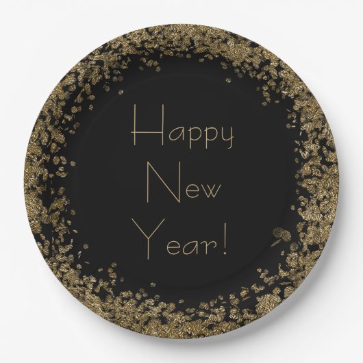 Happy New Year Eleganter Black and Gold Glitzer Pappteller (Vorderseite)