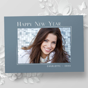 Happy New Year Elegantes einfaches Slate Blue Foto Feiertagskarte