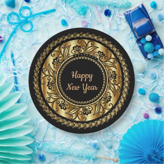 Happy New Year, elegantes Schwarz und Gold, Pappteller (Party)