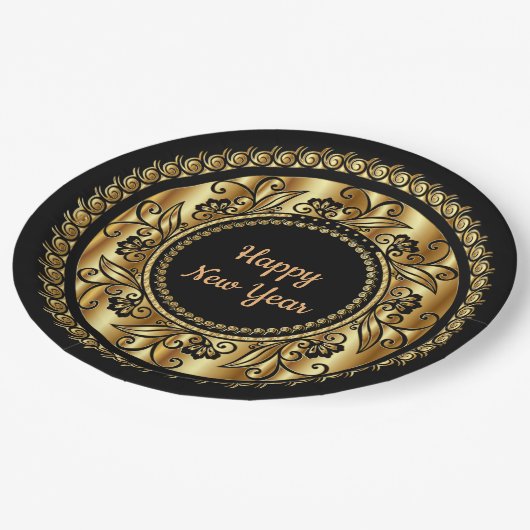 Happy New Year, elegantes Schwarz und Gold, Pappteller (Schrägansicht)