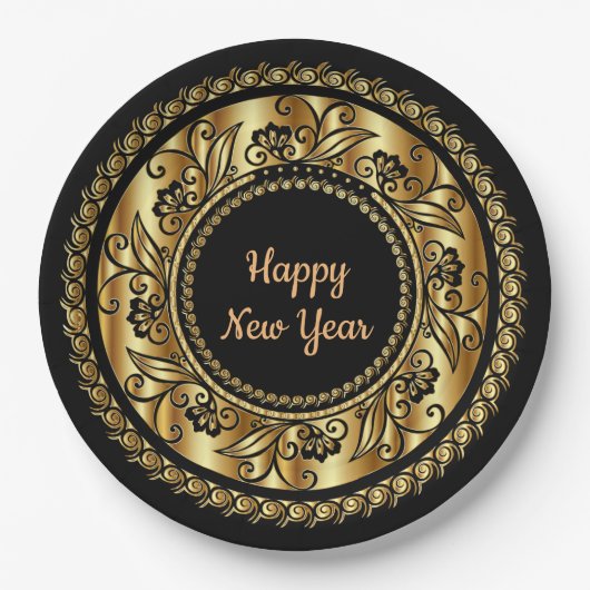 Happy New Year, elegantes Schwarz und Gold, Pappteller (Vorderseite)