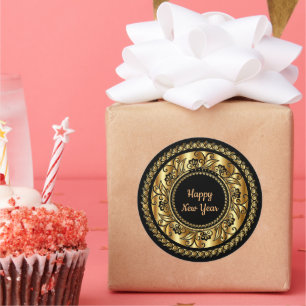 Happy New Year, elegantes Schwarz und Gold, Runder Aufkleber
