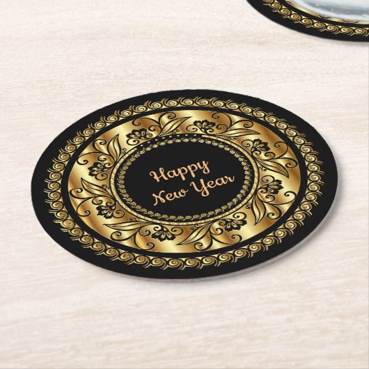 Happy New Year, elegantes Schwarz und Gold, Runder Pappuntersetzer (Angewinkelt)
