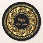 Happy New Year, elegantes Schwarz und Gold, Runder Pappuntersetzer (Vorderseite)