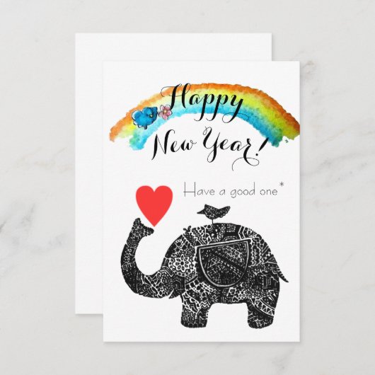 Happy New Year Elephant and Blue Bird Einladung (Vorne/Hinten)