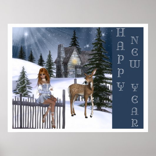 Happy New Year - Fairy & Deer Print Poster (Vorne)