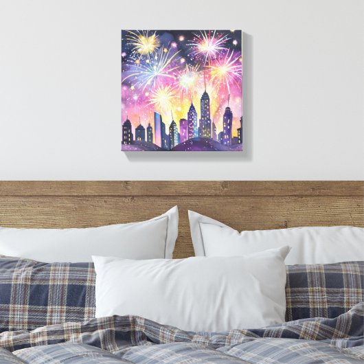 Happy New Year | Feuerwerk Stadtnacht Wasser Leinwanddruck (Insitu (Schlafzimmer))