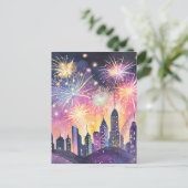 Happy New Year | Feuerwerk Stadtnacht Wasser Postkarte (Stehend Vorderseite)