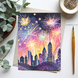 Happy New Year | Feuerwerk Stadtnacht Wasser Postkarte