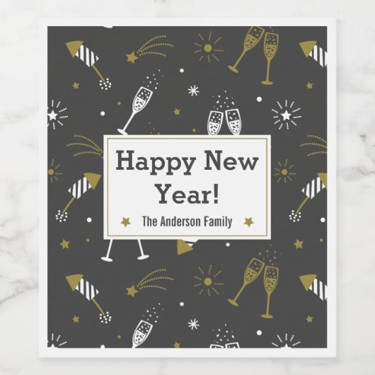 Happy New Year Feuerwerk und Champagner schwarz Go Weinetikett (Einzelnes Label)