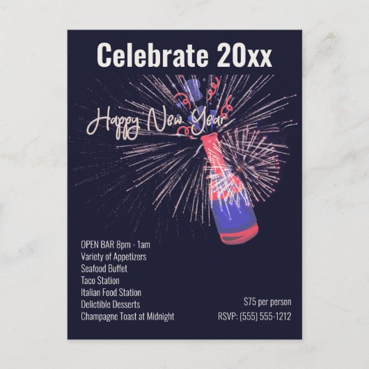 Happy New Year Firework Champagne Custom Postkarte (Vorderseite)