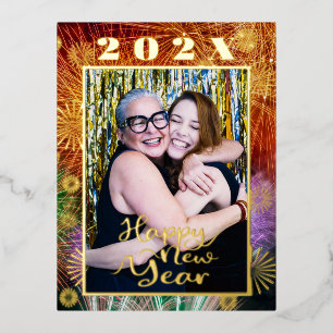 Happy New Year Fireworks Foto Foil Holiday Card Folien Feiertagspostkarte