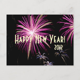 Happy New Year Fireworks Lila Calendar Postcard Feiertagspostkarte
