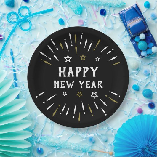 Happy New Year Fireworks Schwarz-weiß Gold Stars Pappteller (Party)