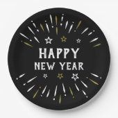 Happy New Year Fireworks Schwarz-weiß Gold Stars Pappteller (Vorderseite)