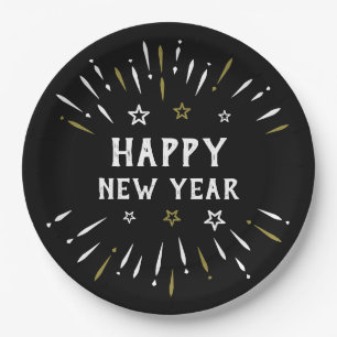 Happy New Year Fireworks Schwarz-weiß Gold Stars Pappteller