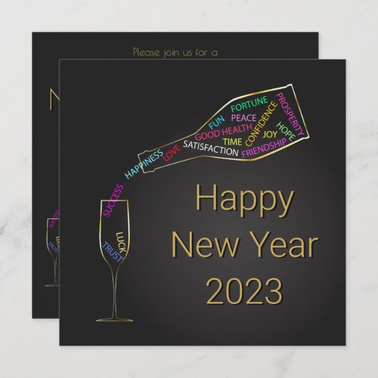 Happy New Year Flasche Glas farbenfrohe Motivation Einladung (Vorne/Hinten)