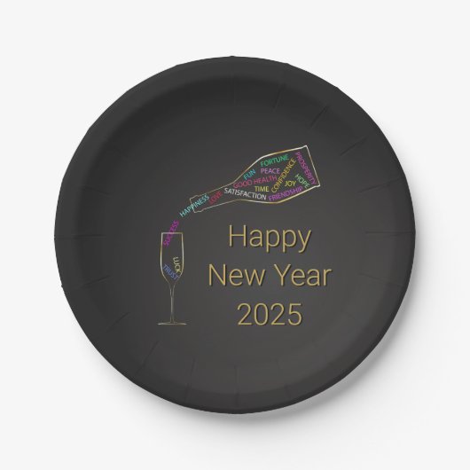 Happy New Year Flasche Glas farbenfrohe Motivation Pappteller (Vorderseite)