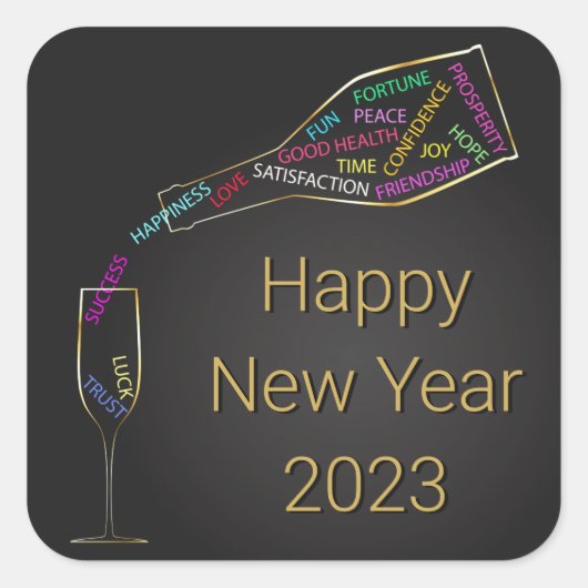 Happy New Year Flasche Glas farbenfrohe Motivation Quadratischer Aufkleber (Vorderseite)