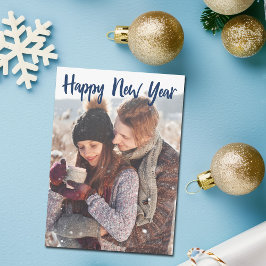 Happy New Year Foto Blue Script Overlay Modern Feiertagskarte