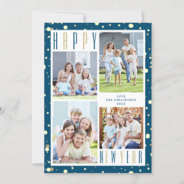 HAPPY NEW YEAR Foto Collage Blue Gold Confetti Feiertagskarte