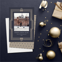Happy New Year Foto Deko Navy Gold Holiday Card