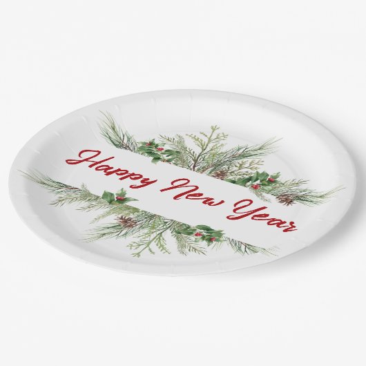 Happy New Year Gerahmt Winter Wheath Gruß Pappteller (Schrägansicht)