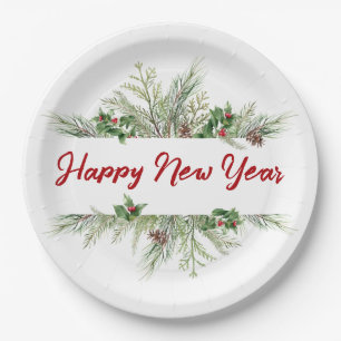 Happy New Year Gerahmt Winter Wheath Gruß Pappteller