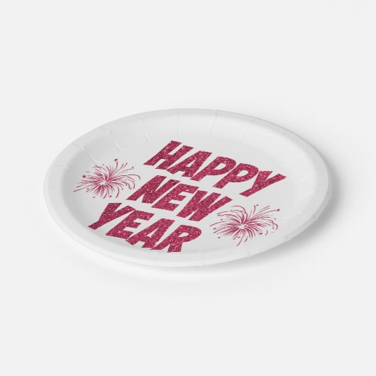 Happy New Year Glitzer Pappteller (Schrägansicht)