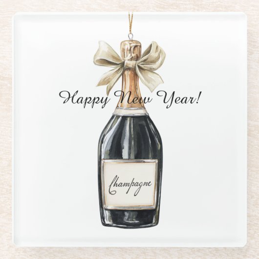 Happy New Year Gold Black Champagne Bottle Glasuntersetzer (Vorderseite)