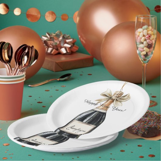 Happy New Year Gold Black Champagne Bottle Pappteller (Multi)
