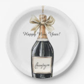 Happy New Year Gold Black Champagne Bottle Pappteller (Vorderseite)